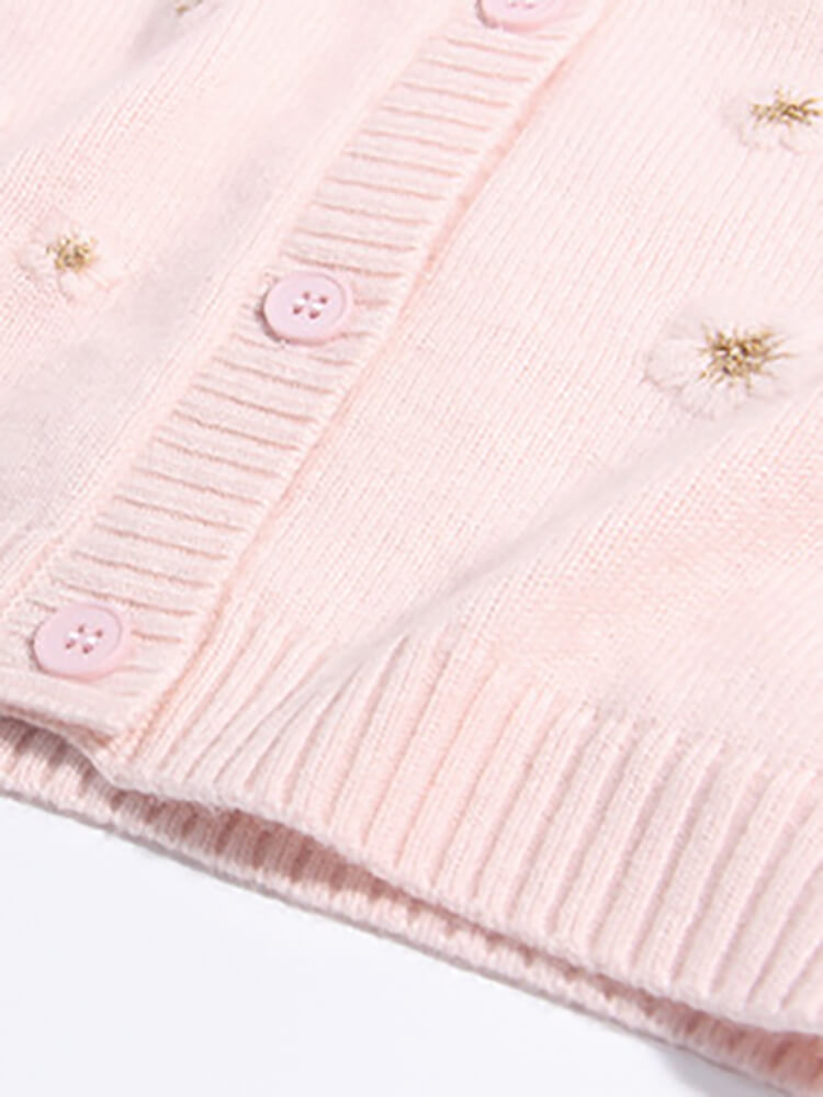 Girls Light Pink Embroidered Flower Cashmere Cardigan